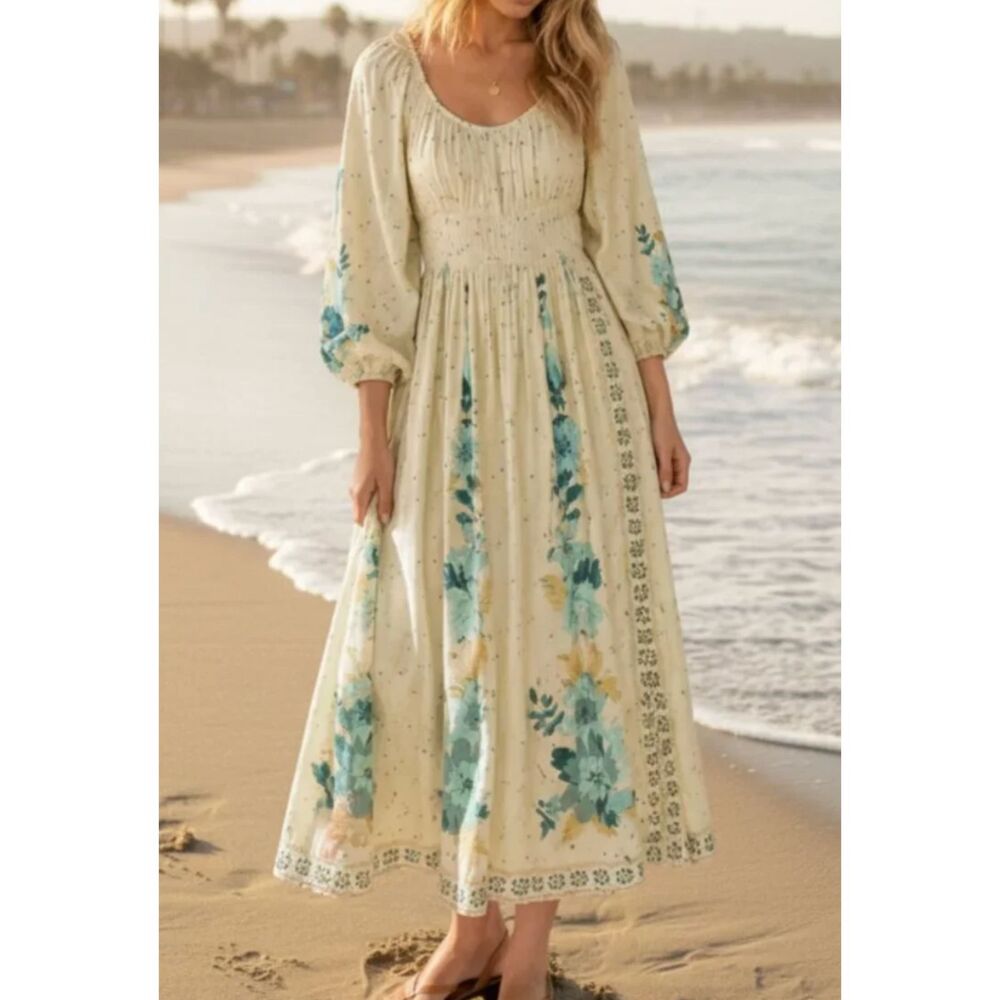 Loft Yellow Green Floral Smocked Waist Maxi Peasant Dress Cottagecore Large NWT